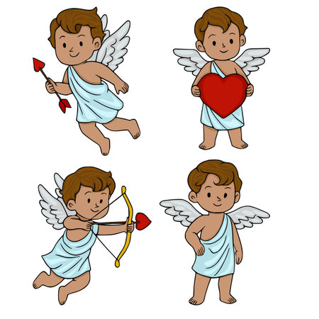 Cute cartoon cupid figures with hearts, arrows, and bows, presented as a charming vector illustration collection for Valentine&#39;s Day.のイラスト素材