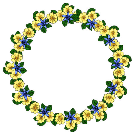 A delicate vector wreath composed of vibrant yellow primroses and star-shaped blue scilla flowers, accented with lush green leaves, creating a circular floral frame on a white background.のイラスト素材
