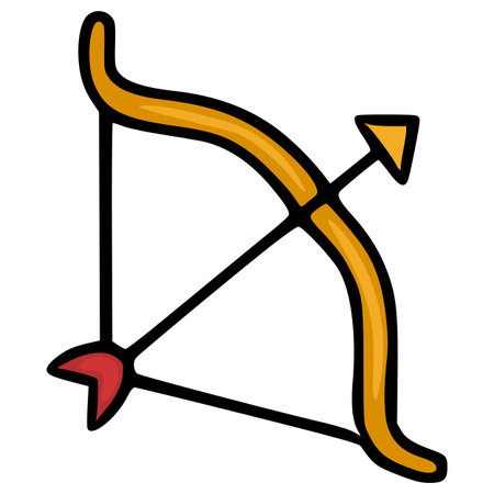 A charming vector illustration of a traditional bow and arrow, featuring a golden bow, a black string, and a vibrant red-tipped arrow, set against a clean white background.のイラスト素材