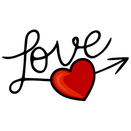 Handwritten script "love" with a red heart pierced by an arrow, vector illustration for Valentine's Day.のイラスト素材