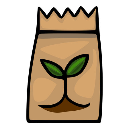 Cute cartoon vector illustration of a brown paper bag with a sprouting seedling, representing growth and nature.のイラスト素材