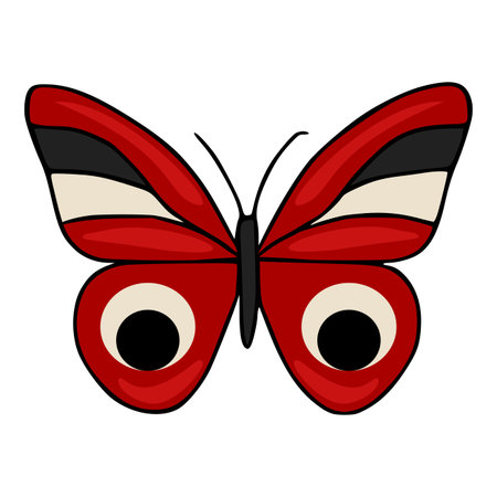 Stylized vector illustration of a vibrant red butterfly with bold black outlines and eye-like markings.のイラスト素材