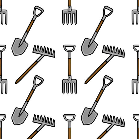 Seamless vector pattern featuring garden shovels, rakes, and pitchforks with a simple, illustrative style and a white background.のイラスト素材