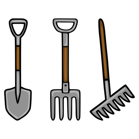 A clean vector illustration showcasing a shovel, a garden fork, and a rake, each with a gray metallic head and a brown wooden handle, presented against a white background.のイラスト素材
