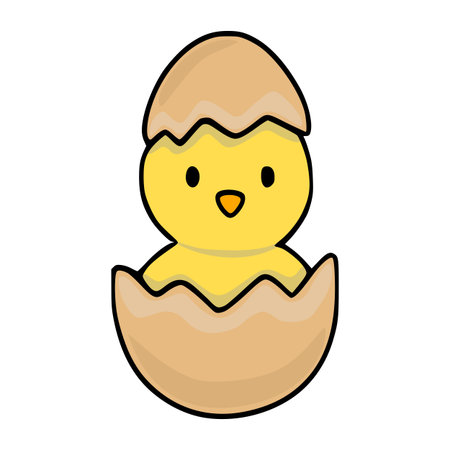 Adorable yellow chick hatching from a light brown eggshell, a charming vector illustration.のイラスト素材