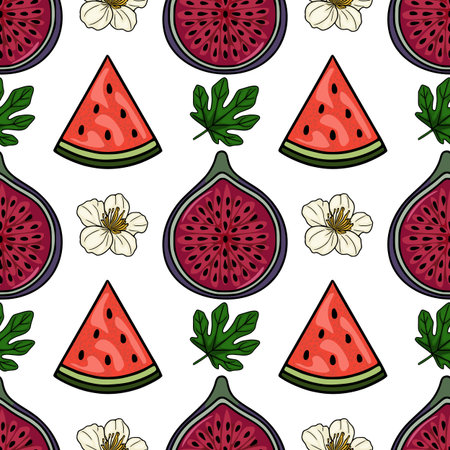 Seamless vector pattern featuring vibrant slices of watermelon, ripe figs, delicate white flowers,...