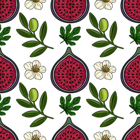 Seamless vector pattern featuring ripe figs, olive branches with olives, and delicate white flowers...