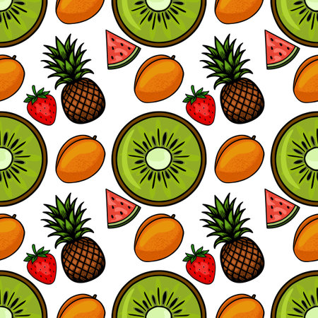 Vibrant seamless vector pattern featuring a cheerful arrangement of tropical fruits, including...