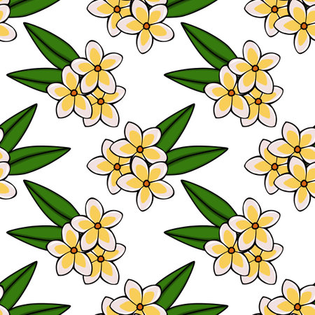 Seamless vector pattern featuring delicate plumeria flowers with vibrant green leaves on a clean...