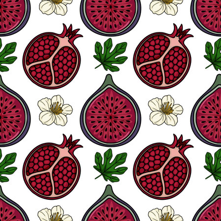 Seamless vector pattern featuring vibrant halved pomegranates and figs with delicate white blossoms and green leaves on a crisp white background.のイラスト素材