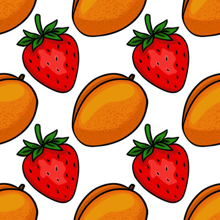 Seamless vector pattern featuring vibrant strawberries and ripe mangoes with a clean white...