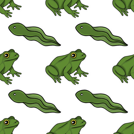 Seamless vector pattern featuring cute green frogs and tadpoles in a playful, whimsical arrangement with clean lines and bright colors, ideal for children's themes and educational materials.のイラスト素材