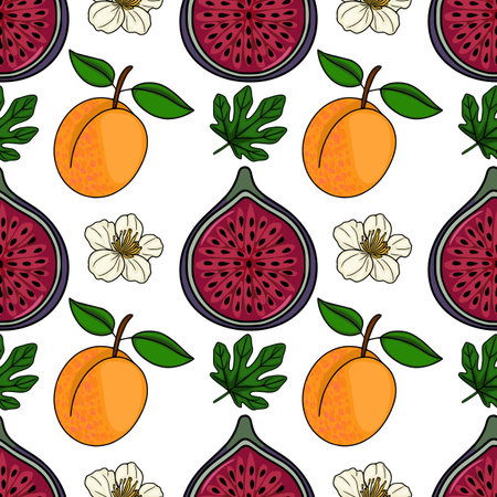 A vibrant seamless vector pattern featuring halved figs, ripe apricots, delicate white flowers, and...