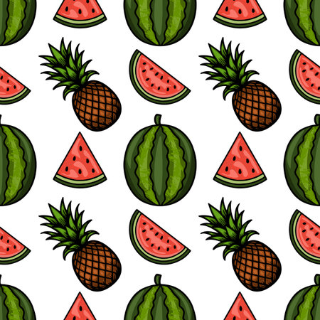 A vibrant and repeating vector pattern featuring juicy watermelon slices and whole pineapples, set against a clean white background, evoking a fresh summer theme.のイラスト素材