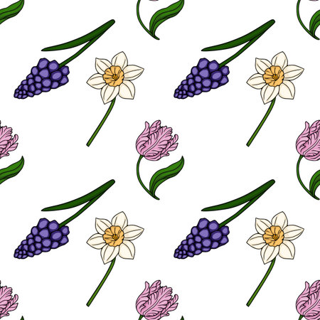 Charming vector seamless pattern featuring delicate spring flowers like daffodils, tulips, and grape hyacinths with vibrant green stems and leaves on a clean white background.のイラスト素材