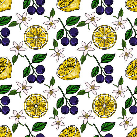Seamless vector pattern featuring vibrant lemon slices, dark berries on branches, and delicate white...