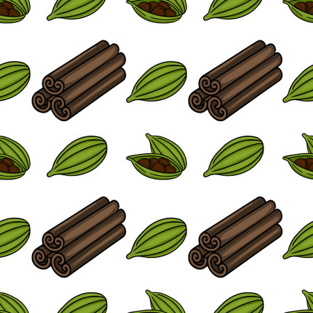 Seamless vector pattern of stylized cinnamon sticks and cardamom pods with bold outlines on a white background.のイラスト素材