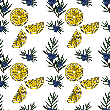 Seamless vector pattern featuring vibrant lemon slices and dark blue juniper berries on a white...