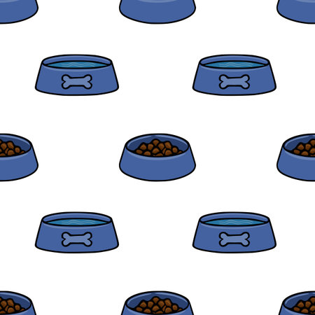 Seamless vector pattern of blue dog bowls filled with water and kibble, featuring a bone silhouette.のイラスト素材