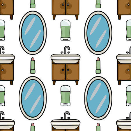 Seamless vector pattern featuring hand-drawn bathroom vanity cabinets, oval mirrors, and cosmetic items like lipstick and deodorant, creating a clean and organized aesthetic.のイラスト素材