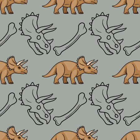 Seamless vector pattern of cute brown triceratops dinosaurs and stylized bones on a grey background.のイラスト素材