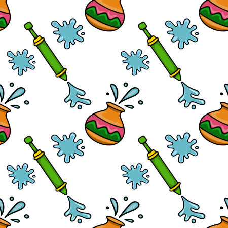 Seamless vector pattern of colorful pichkaris and water splashes for Holi festival celebrationのイラスト素材
