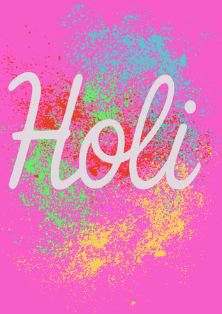 Vibrant Holi festival poster vector with colorful powder splashes and playful typography on a pink background, celebrating Indian traditions.のイラスト素材