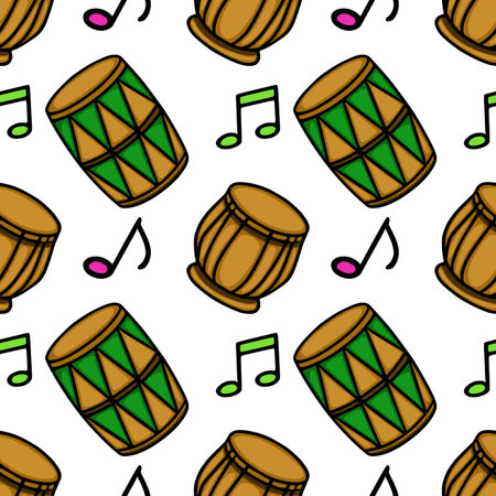 Seamless vector pattern of cartoon drums and musical notes, vibrant and playful designのイラスト素材