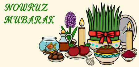 Nowruz Mubarak vector illustration banner with traditional Haft-Seen elementsのイラスト素材