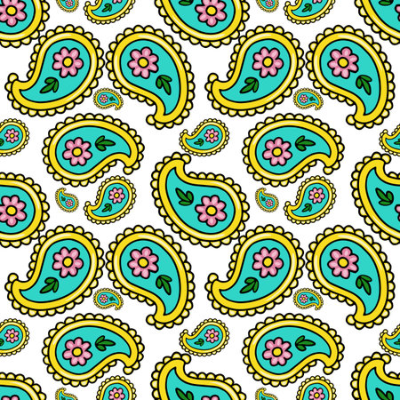 Seamless vector paisley pattern with pink flowers and teal accentsのイラスト素材