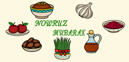 Nowruz Mubarak vector banner with traditional Haft-Seen elements and festive greetingのイラスト素材