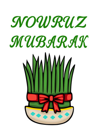 Nowruz Mubarak vector poster with green sprouts and red bowのイラスト素材
