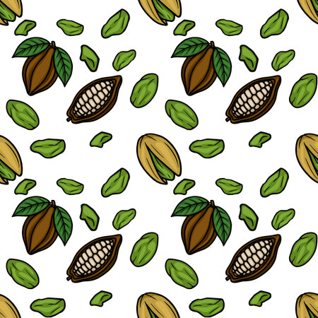 Seamless vector pattern of cocoa pods and pistachios, hand-drawn illustrationのイラスト素材