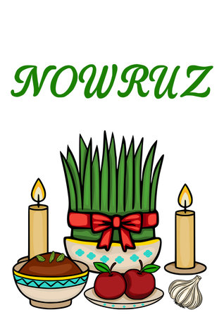 Nowruz vector poster with traditional Haft-Seen items, green sprouts, apples, candles, and garlicのイラスト素材