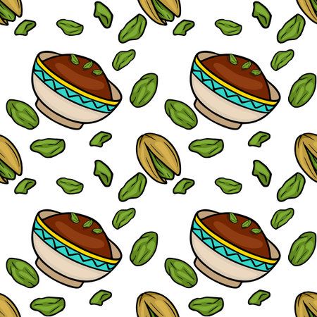 Seamless vector pattern of delicious pistachios and pistachio tea in decorative bowls.のイラスト素材