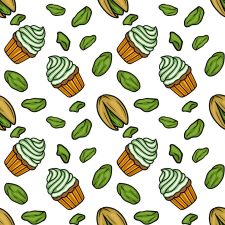 Seamless vector pattern of frosted pistachio cupcakes and loose pistachiosのイラスト素材