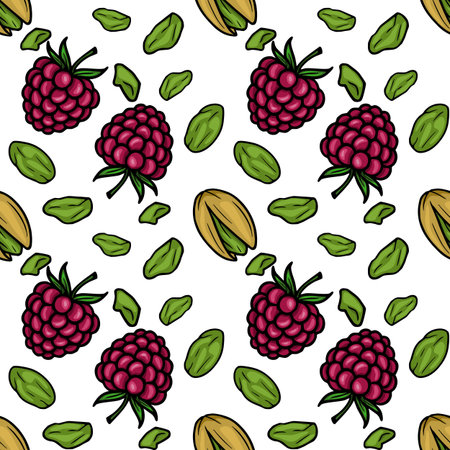 Seamless vector pattern of vibrant raspberries and green pistachios scattered on a white background.