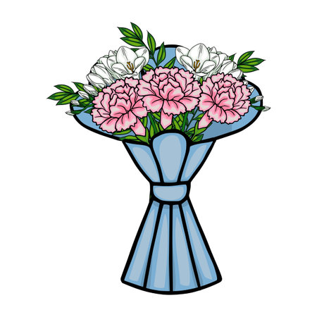 Pink and white flower bouquet vector illustration, elegantly wrapped in light blue paper, isolated on whiteのイラスト素材