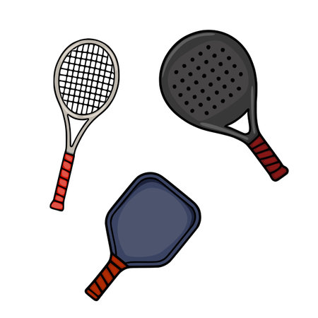 Set of colorful vector tennis, pickleball, and padel rackets with textured grips.のイラスト素材