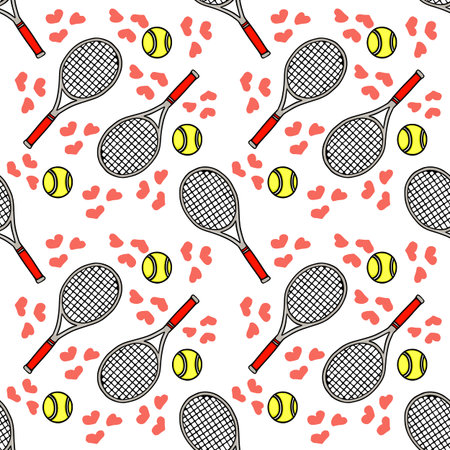 Seamless vector pattern of tennis rackets and balls with scattered heartsのイラスト素材