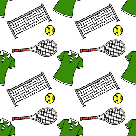 Seamless vector pattern of tennis rackets, balls, nets, and polo shirtsのイラスト素材