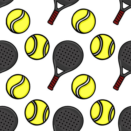 Seamless vector pattern of padel tennis rackets and balls, playful sports illustrationのイラスト素材