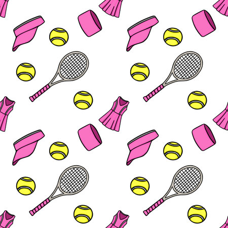 Seamless vector pattern of pink tennis outfits, visors, headbands, rackets, and bright yellow ballsのイラスト素材