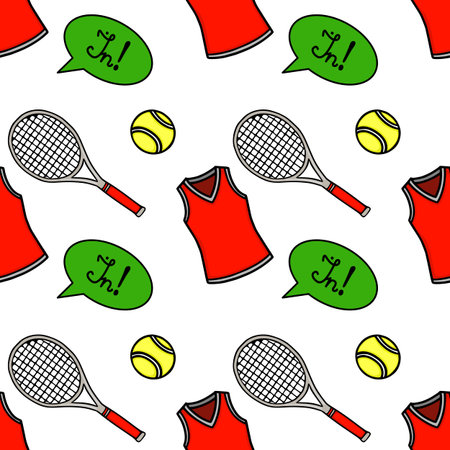 Seamless vector pattern of tennis rackets, balls, red sports jerseys, and speech bubbles with "In!" text.のイラスト素材