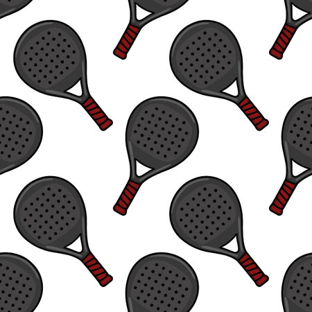 Seamless vector pattern of black padel tennis rackets with red grips on white backgroundのイラスト素材