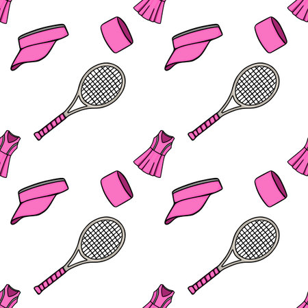 Seamless pink tennis pattern vector illustration with rackets, visors, and dressesのイラスト素材