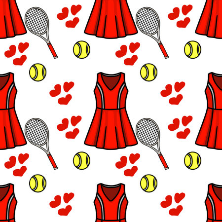 Seamless vector pattern of red tennis dresses, rackets, balls, and scattered heartsのイラスト素材