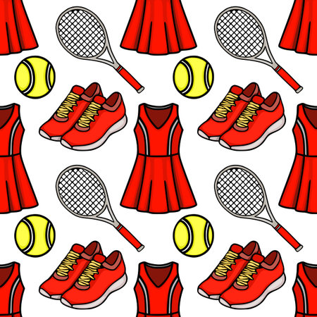 Seamless vector pattern of red tennis dresses, yellow balls, rackets, and sneakersのイラスト素材