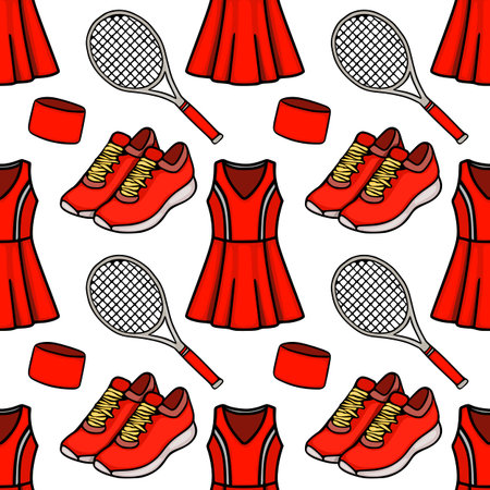 Seamless vector pattern of red tennis outfits, rackets, and sneakersのイラスト素材