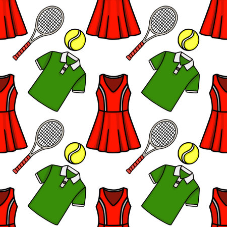 Seamless vector pattern of tennis outfits, racquets, and balls on a white backgroundのイラスト素材